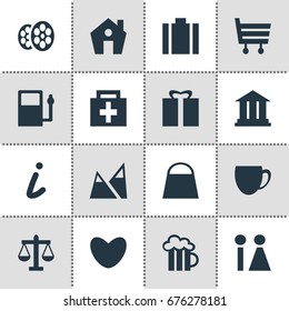 Vector Illustration Of 16 Check-In Icons. Editable Pack Of Drugstore, Scales, Beer Mug And Other Elements.
