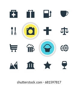 Vector Illustration Of 16 Check-In Icons. Editable Pack Of Present, Cafe, Wineglass And Other Elements.