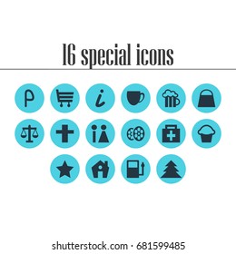 Vector Illustration Of 16 Check-In Icons. Editable Pack Of Film, Cake, Refueling And Other Elements.