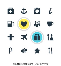 Vector Illustration Of 16 Check-In Icons. Editable Pack Of Cafe, Toilet, Cross And Other Elements.