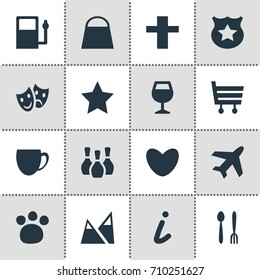 Vector Illustration Of 16 Check-In Icons. Editable Pack Of Map Information, Cop , Handbag Elements.