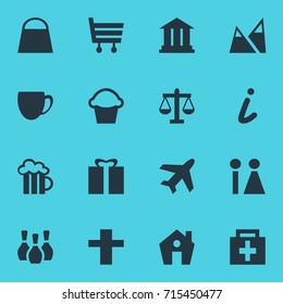 Vector Illustration Of 16 Check-In Icons. Editable Pack Of Skittles, Coffee Shop, Aircraft And Other Elements.