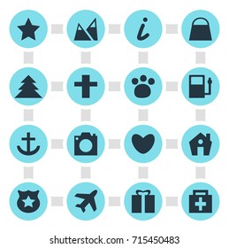 Vector Illustration Of 16 Check-In Icons. Editable Pack Of Handbag, Bookmark, Heart Elements.