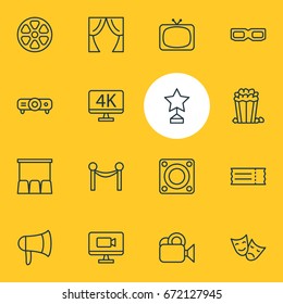 Vector Illustration Of 16 Cinema Icons. Editable Pack Of Reward, Tv, Camera And Other Elements.