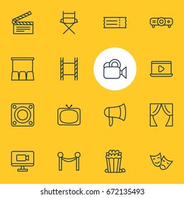 Vector Illustration Of 16 Cinema Icons. Editable Pack Of Cinema Fence, Monitor, Slideshow And Other Elements.