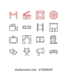 Vector Illustration Of 16 Cinema Icons. Editable Pack Of Monitor, Spectacles, Snack And Other Elements.