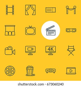 Vector Illustration Of 16 Cinema Icons. Editable Pack Of Spectacles, Filmstrip, Theater And Other Elements.