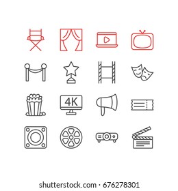 Vector Illustration Of 16 Cinema Icons. Editable Pack Of Snack, Megaphone, Filmstrip And Other Elements.