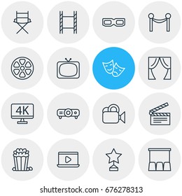 Vector Illustration Of 16 Cinema Icons. Editable Pack Of Monitor, Tv, Hall And Other Elements.