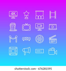 Vector Illustration Of 16 Cinema Icons. Editable Pack Of Resolution, Slideshow, Snack And Other Elements.