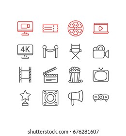 Vector Illustration Of 16 Cinema Icons. Editable Pack Of Tv, Shooting Seat, Filmstrip And Other Elements.