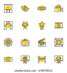Vector Illustration Of 16 Cinema Icons. Editable Pack Of Coupon, Reward, Television And Other Elements.