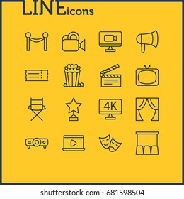 Vector Illustration Of 16 Cinema Icons. Editable Pack Of Clapper, Camera, Reward And Other Elements.