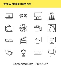 Vector Illustration Of 16 Cinema Icons. Editable Pack Of Spectacles, Television, Coupon And Other Elements.