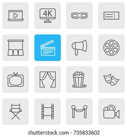 Vector Illustration Of 16 Cinema Icons. Editable Pack Of Coupon, Tragedy, Camera And Other Elements.