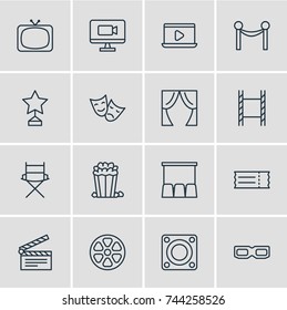 Vector Illustration Of 16 Cinema Icons. Editable Pack Of Shooting Seat, Cinema Fence, Spectacles And Other Elements.