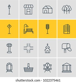 Vector illustration of 16 city icons line style. Editable set of railway, airport, shopping and other icon elements.
