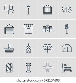Vector Illustration Of 16 City Icons. Editable Pack Of Intersection, Toilet, Forest And Other Elements.