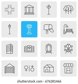 Vector Illustration Of 16 City Icons. Editable Pack Of Road Sign, Home, Skyscraper And Other Elements.