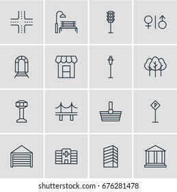 Vector Illustration Of 16 City Icons. Editable Pack Of Lamppost, Parking, Clinic And Other Elements.