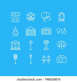 Vector Illustration Of 16 City Icons. Editable Pack Of Home, Courthouse, Awning And Other Elements.