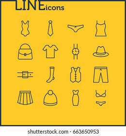 Vector Illustration Of 16 Clothes Icons. Editable Pack Of Waistcoat, Fedora, Casual And Other Elements.