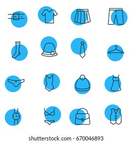 Vector Illustration Of 16 Clothes Icons. Editable Pack Of Swimsuit, Strap, Casual And Other Elements.