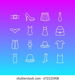 Vector Illustration Of 16 Clothes Icons. Editable Pack Of Sandal, Singlet, Sarafan Elements.