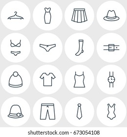Vector Illustration Of 16 Clothes Icons. Editable Pack Of Fedora, Panties, Casual And Other Elements.