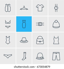 Vector Illustration Of 16 Clothes Icons. Editable Pack Of Swimsuit, Handbag, Cloakroom Elements.