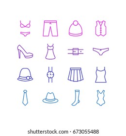 Vector Illustration Of 16 Clothes Icons. Editable Pack Of Fedora, Evening Dress, Swimsuit And Other Elements.