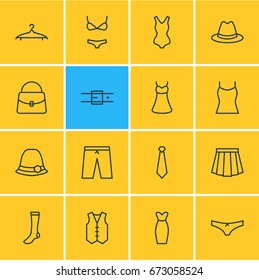 Vector Illustration Of 16 Clothes Icons. Editable Pack Of Panama, Panties, Sarafan And Other Elements.