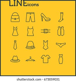 Vector Illustration Of 16 Clothes Icons. Editable Pack Of Strap, Evening Dress, Singlet And Other Elements.