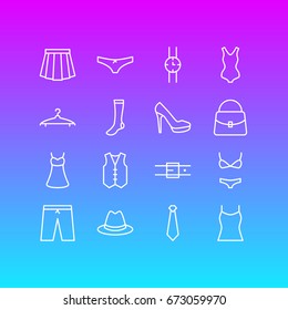 Vector Illustration Of 16 Clothes Icons. Editable Pack Of Handbag, Swimwear, Apparel Elements.