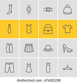 Vector Illustration Of 16 Clothes Icons. Editable Pack Of Evening Dress, Sarafan, Hosiery And Other Elements.