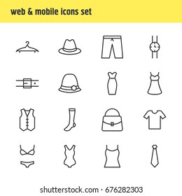 Vector Illustration Of 16 Clothes Icons. Editable Pack Of Evening Dress, Singlet, Panama And Other Elements.