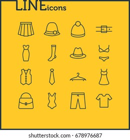 Vector Illustration Of 16 Clothes Icons. Editable Pack Of Pompom, Apparel, Fedora And Other Elements.