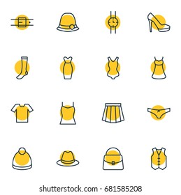 Vector Illustration Of 16 Clothes Icons. Editable Pack Of Casual, Handbag, Sandal Elements.