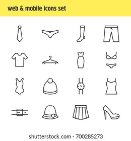 Vector Illustration Of 16 Clothes Icons. Editable Pack Of Hosiery, Swimwear, Strap And Other Elements.