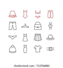 Vector Illustration Of 16 Clothes Icons. Editable Pack Of Swimwear, Swimsuit, Cloakroom And Other Elements.