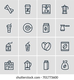 Vector Illustration Of 16 Coffee Icons. Editable Pack Of Bag, Coffee To Go, House And Other Elements.