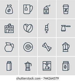 Vector Illustration Of 16 Coffee Icons. Editable Pack Of Sweetener, Coffee To Go, Paper Box And Other Elements.