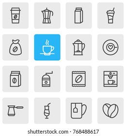 Vector Illustration Of 16 Coffee Outline Icons. Editable Set Of Drink Pot, Saucer, Paper Box And Other Elements.