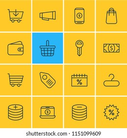 Vector illustration of 16 commerce icons line style. Editable set of price, basket, profit and other icon elements.