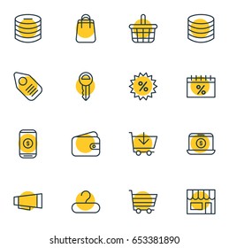 Vector Illustration Of 16 Commerce Icons. Editable Pack Of Pottle, Advertising, Money And Other Elements.