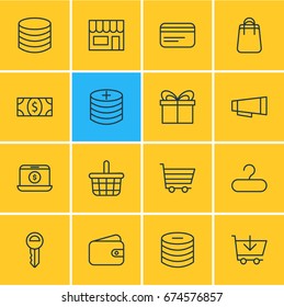 Vector Illustration Of 16 Commerce Icons. Editable Pack Of Trading, Rack, Pocketbook And Other Elements.