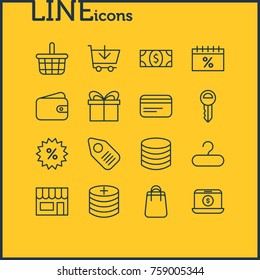 Vector Illustration Of 16 Commerce Outline Icons. Editable Set Of Money, Pottle, Trading And Other Elements.