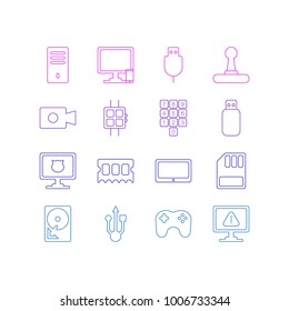 Vector illustration of 16 computer icons line style. Editable set of usb cable, ram, universal serial bus and other icon elements.
