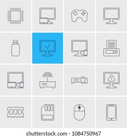Vector illustration of 16 computer icons line style. Editable set of desktop computer, sd card, cpu and other icon elements.