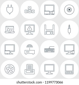 Vector illustration of 16 computer icons line style. Editable set of caution, floppy disk, sleep mode and other icon elements.